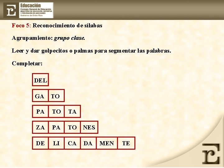 Foco 5: Reconocimiento de sílabas Agrupamiento: grupo clase. Leer y dar golpecitos o palmas