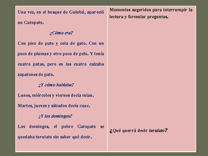 Una vez, en el bosque de Gulubú, apareció Momentos sugeridos para interrumpir la lectura