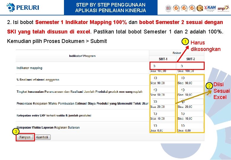 STEP BY STEP PENGGUNAAN APLIKASI PENILAIAN KINERJA 2. Isi bobot Semester 1 Indikator Mapping