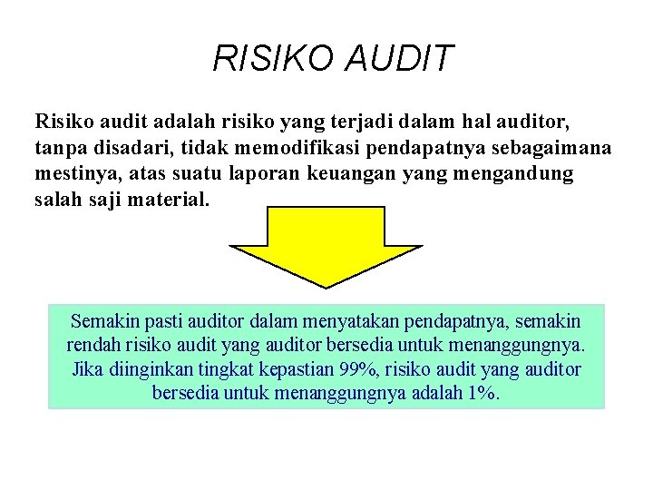 RISIKO AUDIT Risiko audit adalah risiko yang terjadi dalam hal auditor, tanpa disadari, tidak