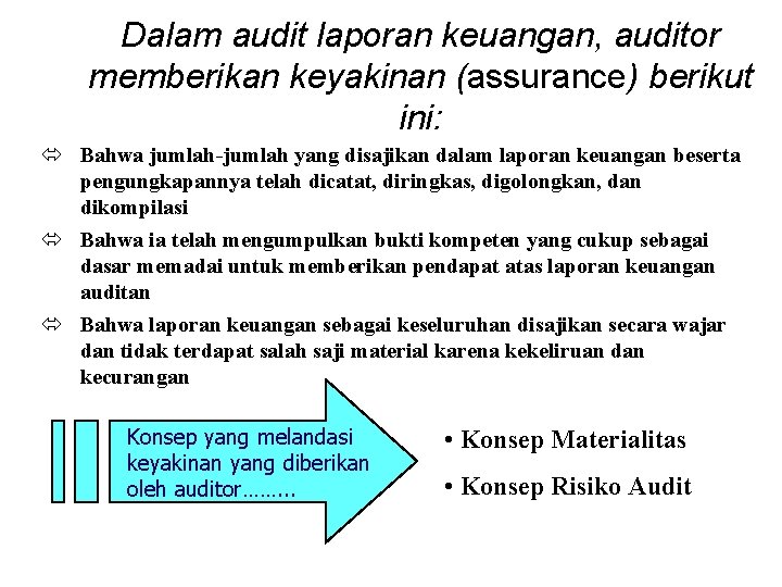 Dalam audit laporan keuangan, auditor memberikan keyakinan (assurance) berikut ini: ó Bahwa jumlah-jumlah yang