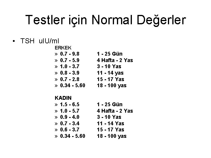 Testler için Normal Değerler • TSH u. IU/ml ERKEK » » » 0. 7