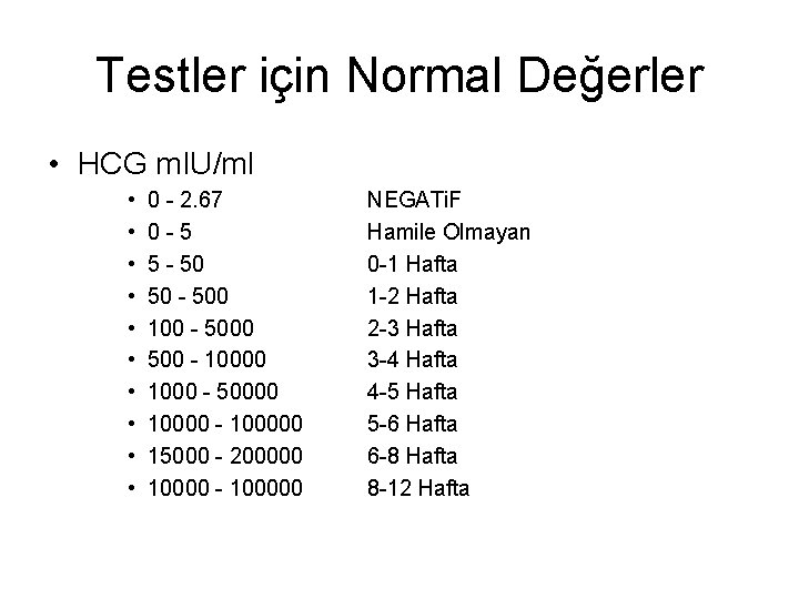 Testler için Normal Değerler • HCG m. IU/ml • • • 0 - 2.