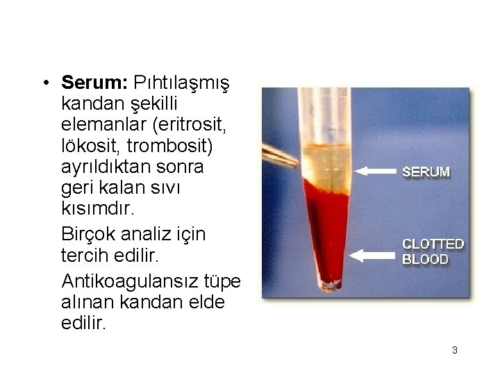  • Serum: Pıhtılaşmış kandan şekilli elemanlar (eritrosit, lökosit, trombosit) ayrıldıktan sonra geri kalan