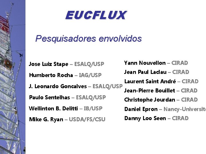 EUCFLUX Pesquisadores envolvidos Jose Luiz Stape – ESALQ/USP Humberto Rocha – IAG/USP J. Leonardo