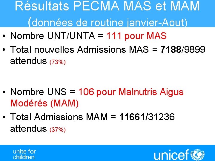 Résultats PECMA MAS et MAM (données de routine janvier-Aout) • Nombre UNT/UNTA = 111