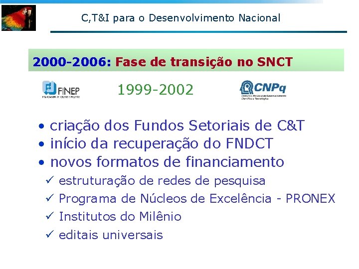 C, T&I para o Desenvolvimento Nacional 2000 -2006: Fase de transição no SNCT 1999