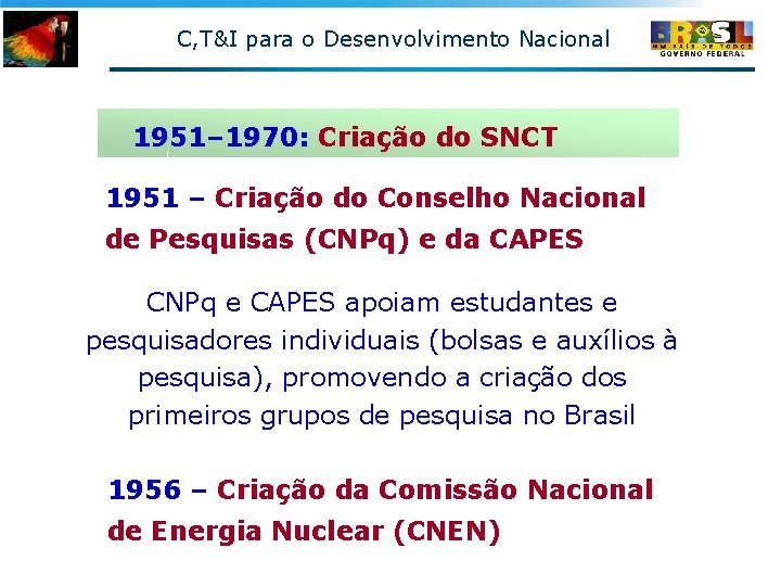 C, T&I para o Desenvolvimento Nacional 1951– 1970: Criação do SNCT 1951 – Criação