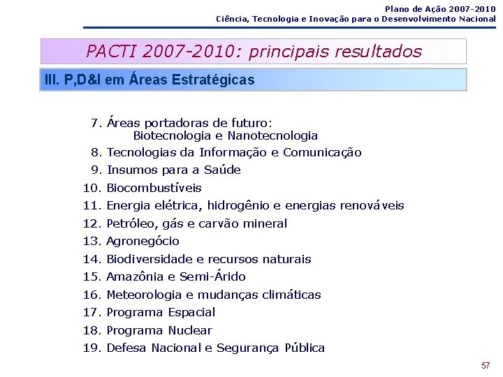 Plano de Ação 2007 -2010 Ciência, Tecnologia e Inovação para o Desenvolvimento Nacional PACTI