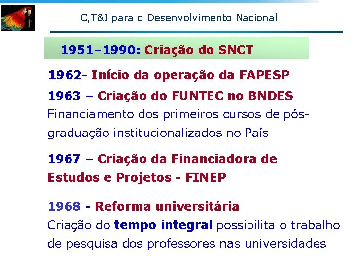 C, T&I para o Desenvolvimento Nacional 1951– 1990: Criação do SNCT 1962 - Início