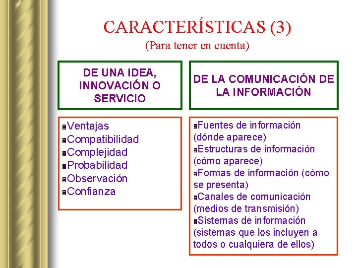 CARACTERÍSTICAS (3) (Para tener en cuenta) DE UNA IDEA, INNOVACIÓN O SERVICIO Ventajas 3