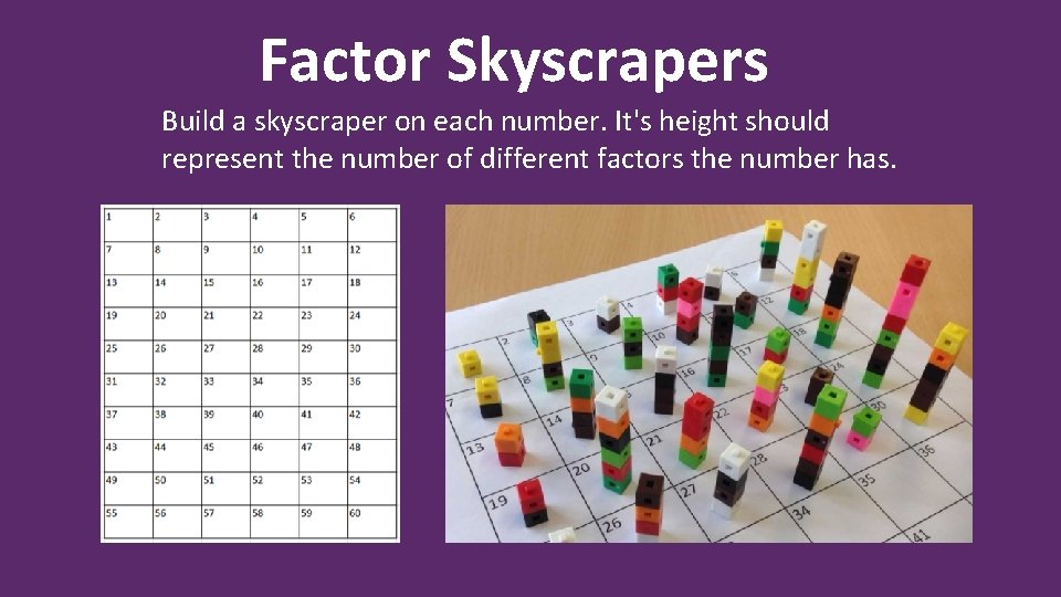 Factor Skyscrapers Build a skyscraper on each number. It's height should represent the number