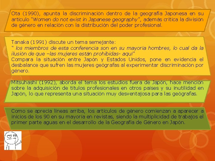 Ota (1990), apunta la discriminación dentro de la geografía Japonesa en su artículo “Women