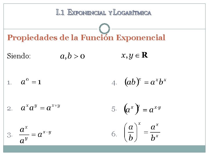 I. 1 EXPONENCIAL Y LOGARÍTMICA Propiedades de la Función Exponencial Siendo: 1. 4. 2. I. 1 EXPONENCIAL Y LOGARÍTMICA Propiedades de la Función Exponencial Siendo: 1. 4. 2.