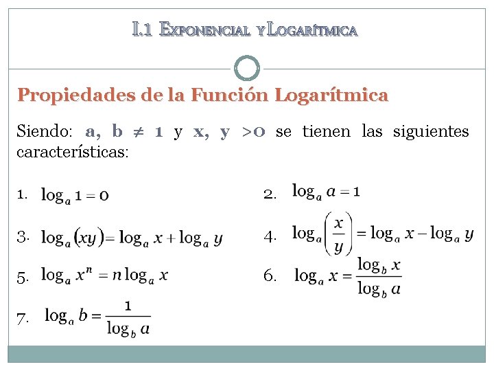 I. 1 EXPONENCIAL Y LOGARÍTMICA Propiedades de la Función Logarítmica Siendo: a, b 1 I. 1 EXPONENCIAL Y LOGARÍTMICA Propiedades de la Función Logarítmica Siendo: a, b 1