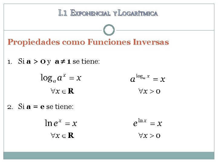 I. 1 EXPONENCIAL Y LOGARÍTMICA Propiedades como Funciones Inversas 1. Si a > 0 I. 1 EXPONENCIAL Y LOGARÍTMICA Propiedades como Funciones Inversas 1. Si a > 0