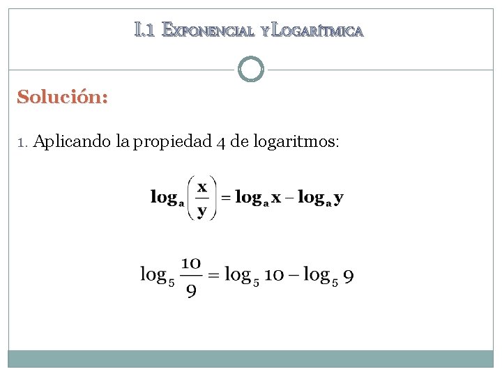 I. 1 EXPONENCIAL Y LOGARÍTMICA Solución: 1. Aplicando la propiedad 4 de logaritmos: I. 1 EXPONENCIAL Y LOGARÍTMICA Solución: 1. Aplicando la propiedad 4 de logaritmos: