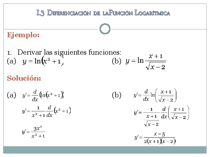 I. 3 DIFERENCIACIÓN DE LAFUNCIÓN LOGARÍTMICA Ejemplo: 1. Derivar las siguientes funciones: (a) (b) I. 3 DIFERENCIACIÓN DE LAFUNCIÓN LOGARÍTMICA Ejemplo: 1. Derivar las siguientes funciones: (a) (b)