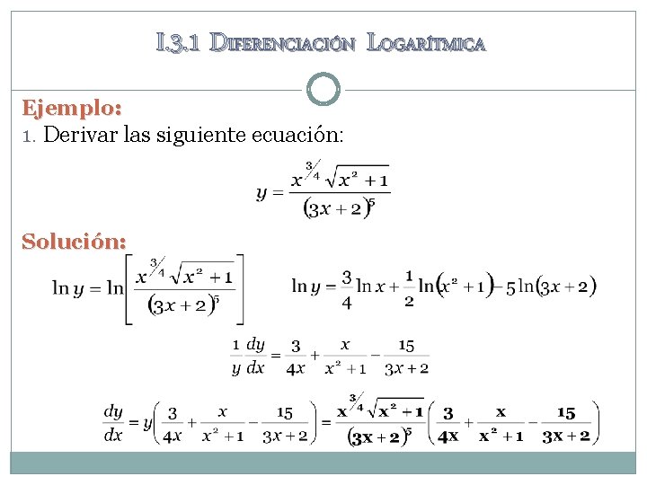 I. 3. 1 DIFERENCIACIÓN LOGARÍTMICA Ejemplo: 1. Derivar las siguiente ecuación: Solución: I. 3. 1 DIFERENCIACIÓN LOGARÍTMICA Ejemplo: 1. Derivar las siguiente ecuación: Solución: