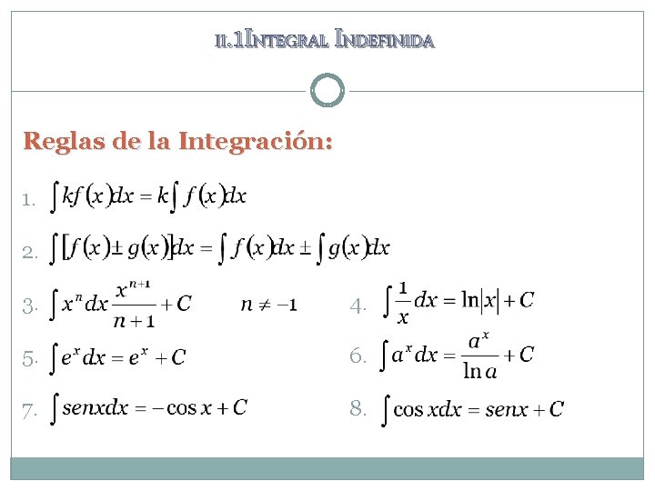 II. 1 INTEGRAL INDEFINIDA Reglas de la Integración: 1. 2. 3. 4. 5. 6. II. 1 INTEGRAL INDEFINIDA Reglas de la Integración: 1. 2. 3. 4. 5. 6.