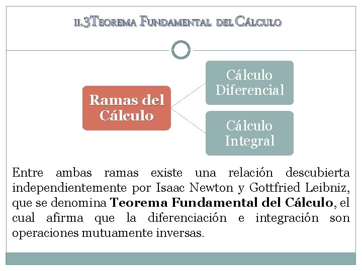 II. 3 TEOREMA FUNDAMENTAL DEL CÁLCULO Ramas del Cálculo Diferencial Cálculo Integral Entre ambas II. 3 TEOREMA FUNDAMENTAL DEL CÁLCULO Ramas del Cálculo Diferencial Cálculo Integral Entre ambas