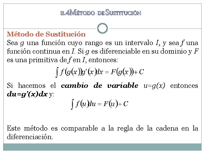 II. 4 MÉTODO DE SUSTITUCIÓN Método de Sustitución Sea g una función cuyo rango II. 4 MÉTODO DE SUSTITUCIÓN Método de Sustitución Sea g una función cuyo rango