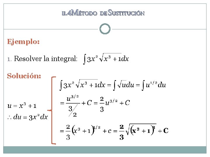 II. 4 MÉTODO DE SUSTITUCIÓN Ejemplo: 1. Resolver la integral: Solución: II. 4 MÉTODO DE SUSTITUCIÓN Ejemplo: 1. Resolver la integral: Solución: