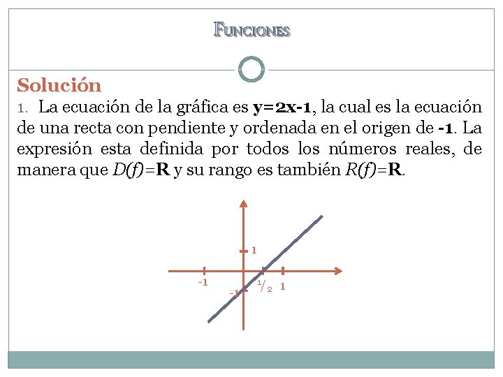 FUNCIONES Solución 1. La ecuación de la gráfica es y=2 x-1, la cual es FUNCIONES Solución 1. La ecuación de la gráfica es y=2 x-1, la cual es
