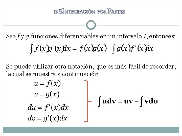 II. 5 INTEGRACIÓN POR PARTES Sea f y g funciones diferenciables en un intervalo II. 5 INTEGRACIÓN POR PARTES Sea f y g funciones diferenciables en un intervalo