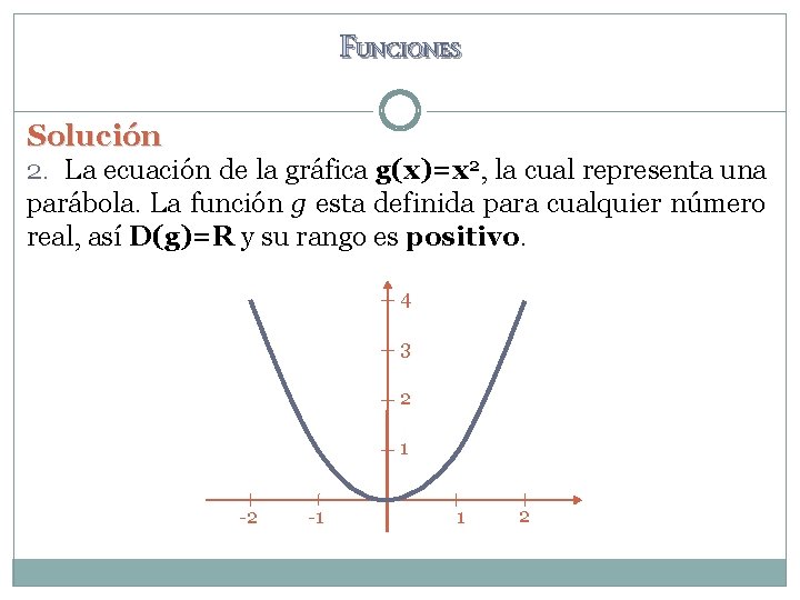 FUNCIONES Solución 2. La ecuación de la gráfica g(x)=x 2, la cual representa una FUNCIONES Solución 2. La ecuación de la gráfica g(x)=x 2, la cual representa una