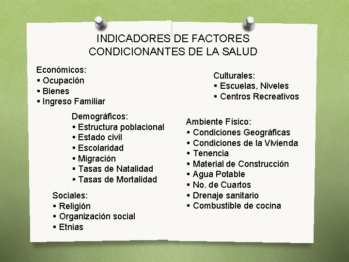 INDICADORES DE FACTORES CONDICIONANTES DE LA SALUD Económicos: § Ocupación § Bienes § Ingreso