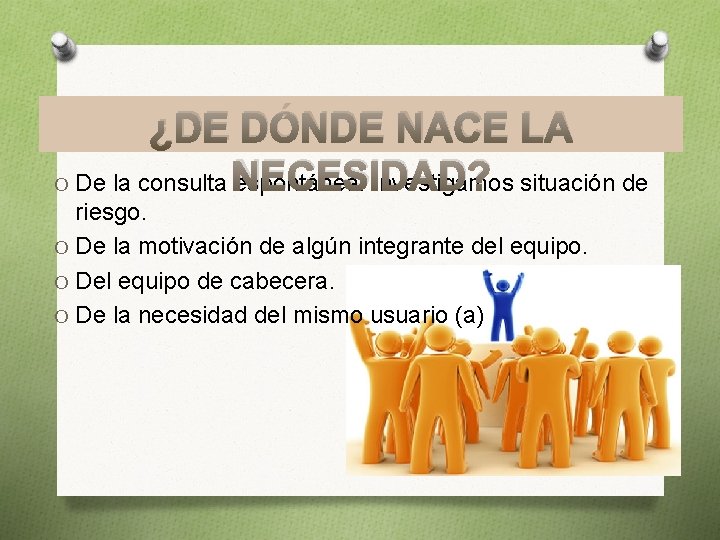 ¿DE DÓNDE NACE LA O De la consulta NECESIDAD? espontánea: Investigamos situación de riesgo.