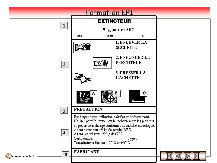 Formation EPI 1 9 kg poudre ABC 1. ENLEVER LA SECURITE 2. ENFONCER LE