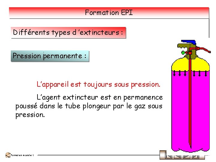 Formation EPI Différents types d ’extincteurs : Pression permanente : L’appareil est toujours sous