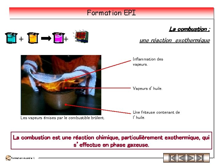 Formation EPI La combustion : + + une réaction exothermique Inflammation des vapeurs. Vapeurs Formation EPI La combustion : + + une réaction exothermique Inflammation des vapeurs. Vapeurs