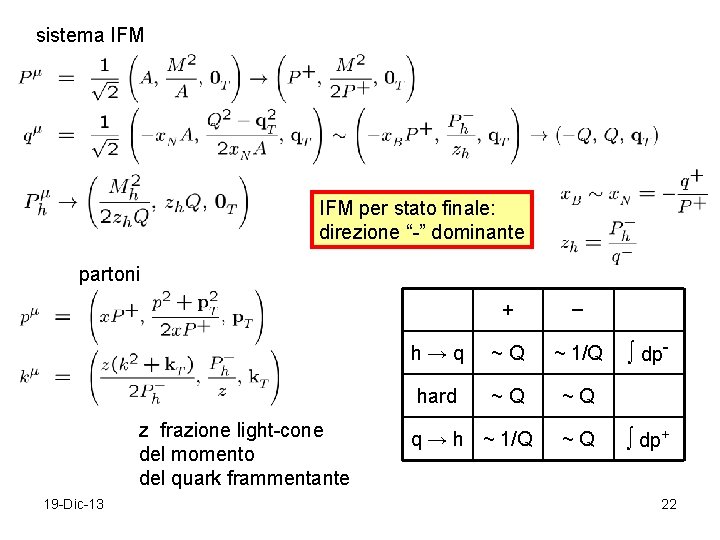 sistema IFM per stato finale: direzione “-” dominante partoni z frazione light-cone del momento