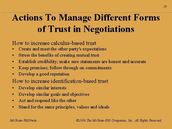 19 Actions To Manage Different Forms of Trust in Negotiations How to increase calculus-based