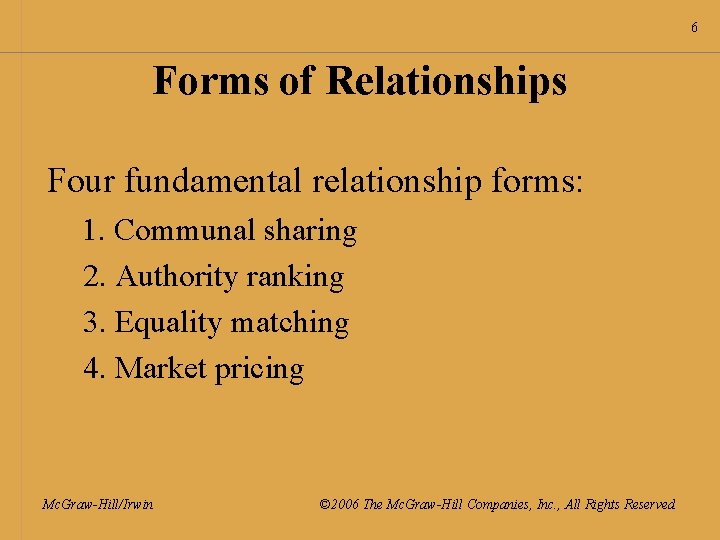 6 Forms of Relationships Four fundamental relationship forms: 1. Communal sharing 2. Authority ranking