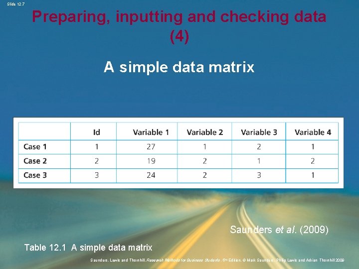 Slide 12. 7 Preparing, inputting and checking data (4) A simple data matrix Saunders