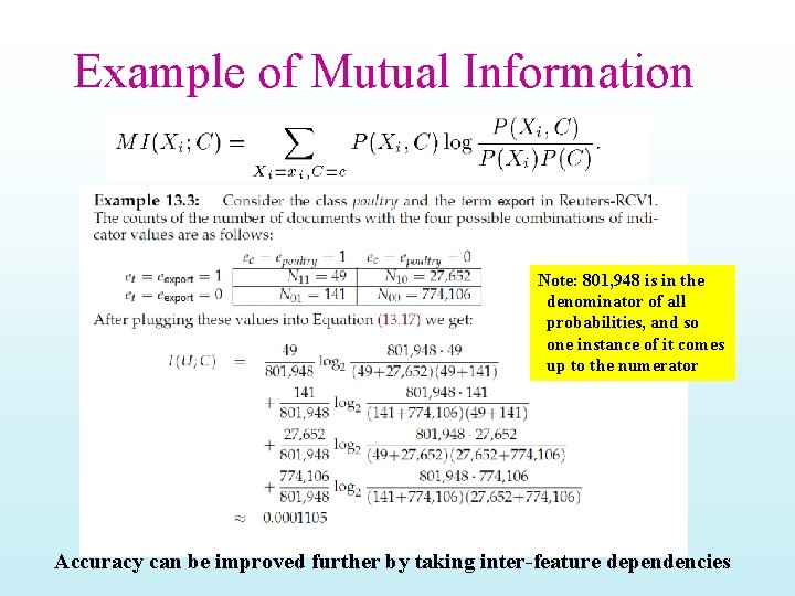 Example of Mutual Information Note: 801, 948 is in the denominator of all probabilities,