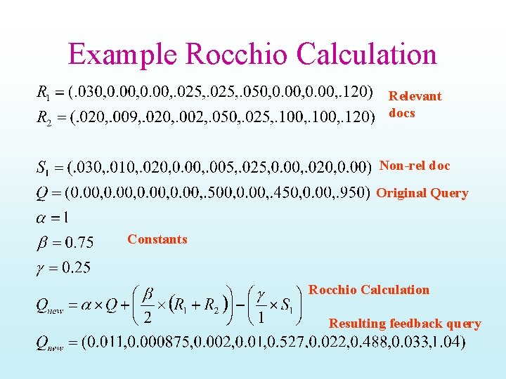 Example Rocchio Calculation Relevant docs Non-rel doc Original Query Constants Rocchio Calculation Resulting feedback