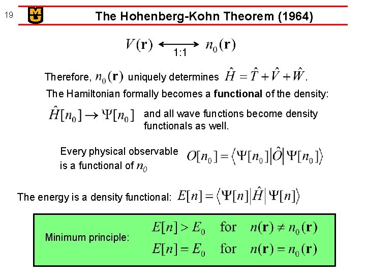 The Hohenberg-Kohn Theorem (1964) 19 1: 1 Therefore, uniquely determines The Hamiltonian formally becomes