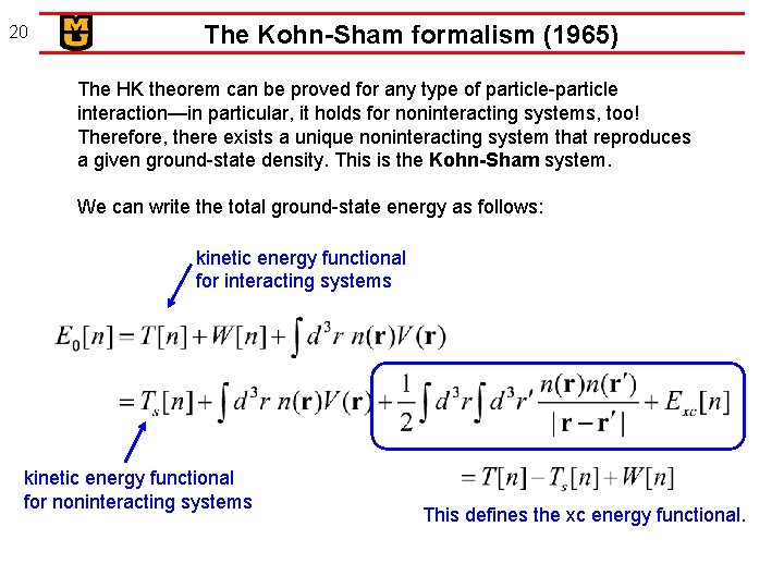 20 The Kohn-Sham formalism (1965) The HK theorem can be proved for any type