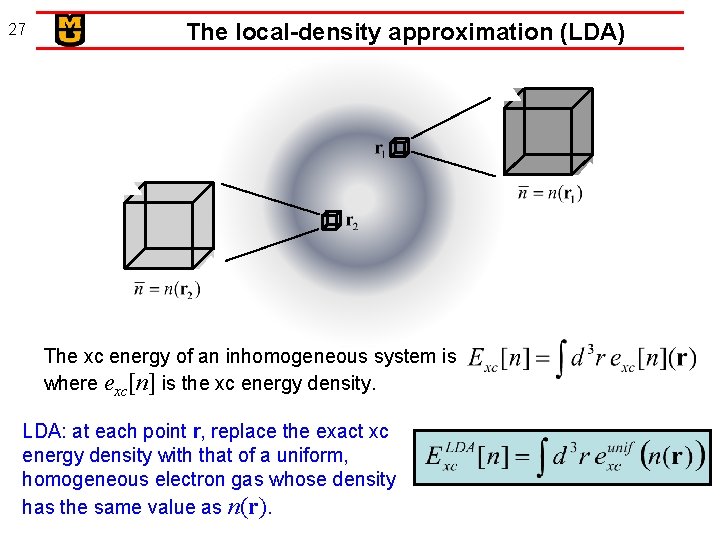 27 The local-density approximation (LDA) The xc energy of an inhomogeneous system is where