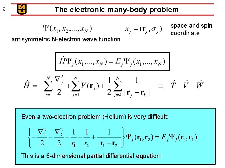 9 The electronic many-body problem antisymmetric N-electron wave function Even a two-electron problem (Helium)
