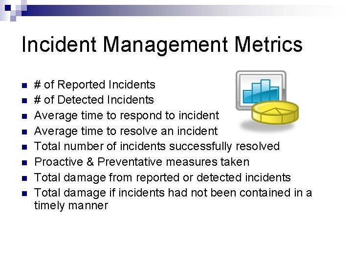 Incident Management Metrics n n n n # of Reported Incidents # of Detected