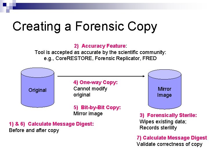 Creating a Forensic Copy 2) Accuracy Feature: Tool is accepted as accurate by the