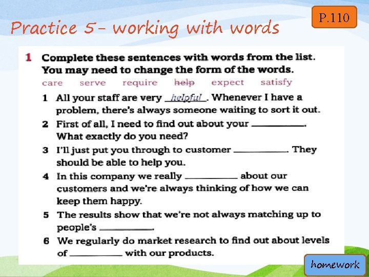 Practice 5 - working with words P. 110 homework 