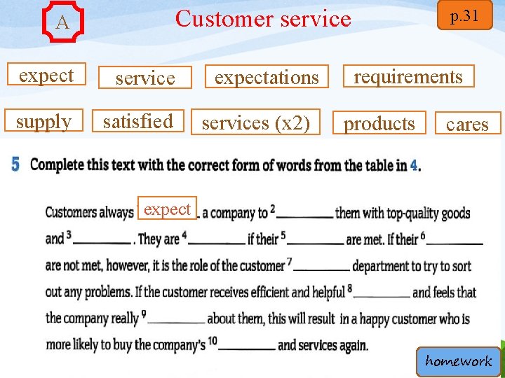 Customer service A expect service supply satisfied expectations services (x 2) p. 31 requirements