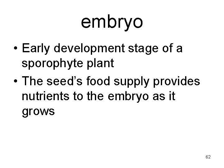 embryo • Early development stage of a sporophyte plant • The seed’s food supply